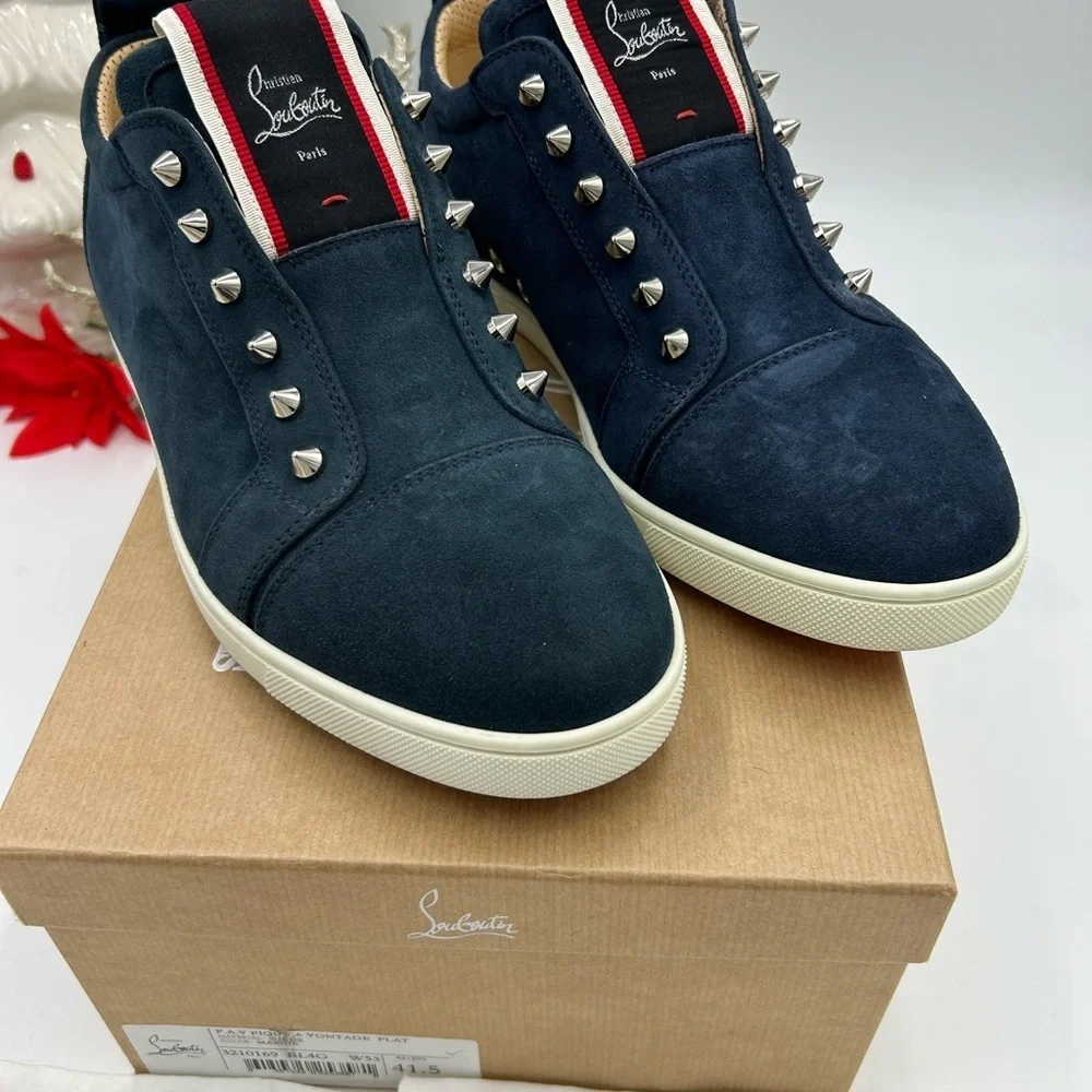 Christian Louboutin Navy Suede Spike-Embellished Sneakers with Red Accent